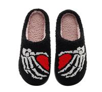 Pantuflas de forro polar con diseño de calavera y corazón para mujer, para Halloween, zapatos de casa únicos, cómodos, casuales, ligeros, suaves, para otoño e invierno, Black, 39 EU
