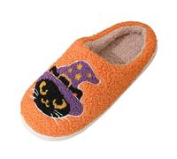 Pantuflas de gato de Halloween, color naranja, para mujer, deslizadores de gatito mago, deslizadores estampados encantadores deslizadores acogedores para interiores, zapatos de casa peludos, pantuflas