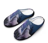 Pantuflas de invierno cálidas y antideslizantes para mujer, con diseño de lobos aullando a la luz de la luna, montaña y bosque, con diseño étnico de mandala morado, suela de goma para interior y ex