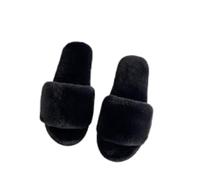 Pantuflas de invierno para mujer, zapatillas de estar por casa para mujer, de felpa, antideslizantes, suaves, cómodas, delanteras y traseras, abiertas, de piel, planas de invierno, Negro , 40 EU