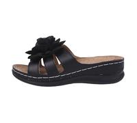 Pantuflas de mujer para primavera y verano, color puro, elegantes, de una flor, puntera abierta, tacón de cuña, boca de pez, sandalias casuales para mujer, sandalias de moda, Black, 39 EU