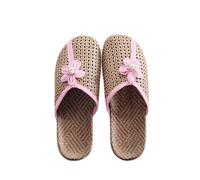 Pantuflas de paja tejidas casuales para mujer, decoración floral, puntera abierta, para comodidad en interiores y verano, playa, vacaciones, uso relajado, Pink, 37.5 EU