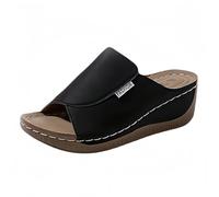 Pantuflas de piel abiertas para mujer, de verano, elegantes, de piel, suela gruesa, de cuña, antideslizantes, de un solo color, informales, cómodas, Negro , 42 EU