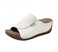 Pantuflas de piel abiertas para mujer, de verano, elegantes, de piel, suela gruesa, de cuña, antideslizantes, de un solo color, informales, cómodas, Blanco, 43 EU