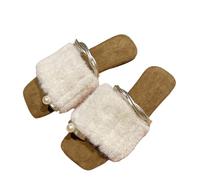 Pantuflas de piel abiertas para mujer, pantuflas para mujer, cálidas, cómodas, informales, modernas, para el hogar, sandalias peeptoe, sandalias ligeras de felpa, Blanco, 36 EU