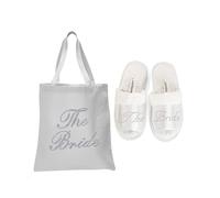 Pantuflas de punta abierta y bolsa para spa para regalo de boda Varsany, color blanco con la frase "the bride" (idioma español no garantizado)
