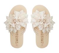 Pantuflas de talla grande para mujer, elegantes chanclas de playa, tela 3D, decoración de flores, tanga, puntera abierta, planas, antideslizantes, de goma suave, cómodas, sandalias casuales de verano