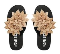 Pantuflas de talla grande para mujer, elegantes chanclas de playa, tela 3D, decoración de flores, tanga, puntera abierta, planas, antideslizantes, de goma suave, cómodas, sandalias casuales de verano