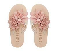 Pantuflas de talla grande para mujer, elegantes chanclas de playa, tela 3D, decoración de flores, tanga, puntera abierta, planas, antideslizantes, de goma suave, cómodas, sandalias casuales de verano