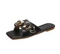 Pantuflas de verano para mujer, sandalias de punta cerrada de moda, con cadena de metal, con punta cuadrada, planas, color negro, 38