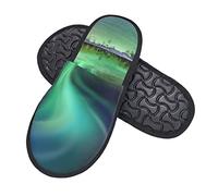 Pantuflas Increíble Aurora Boreal Verde Peluche Confort Plush Shoes Mullidas Zapatos De Algodón Para Hotel Unisex Hogar M