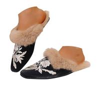 Pantuflas Mujer Bordadas con Peluche en el Borde, Pantuflas Casa Mujer Invierno, Diseño Elegante Bordado Floral, Suela Antideslizante, para Uso Interior en Casa