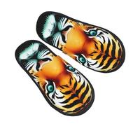 Pantuflas Pequeña Cabeza De Tigre Gorda Impresa Peluche Confort Zapatos De Algodón Antideslizantes Slippers Para Unisex Dormitorio Viaje L