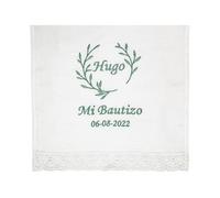 Pañuelo para bautizo personalizado - Paño Bautismo bordado - Paño Bautismal Personalizable - Toalla de Bautizo con nombre y fecha - Modelo Hojitas - Nenel (Verde menta)
