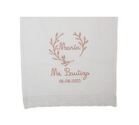 Pañuelo para bautizo personalizado - Paño Bautismo bordado - Paño Bautismal Personalizable - Toalla de Bautizo con nombre y fecha - Modelo Hojitas - Nenel (Rosa maquillaje)