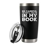 Panvola Be Careful Or You'll End Up In My Book Writer - Taza de acero inoxidable con tapa extraíble y pajita (590 ml), color negro