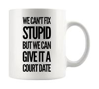 Panvola 'We Can't Fix Stupid But We Can Give It A Court Date ' Taza de café de cerámica con diseño de abogado, estudiante, profesor, abogado, 11 oz, color blanco