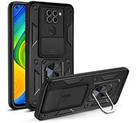 PANXIYUE Funda para Redmi Note 9 4g,Ventana corrediza blindada a Prueba de Golpes Doble Capa Hard PC y Silicona TPU con 360°Anillo iman Soporte Carcasa,Negro