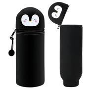 PANYI Infantil de Dibujos Animados Portalápices Estuche de Silicona con Forma de Pingüino Portabolígrafos Kawaii Silicona Retráctil 2 en 1, Regalo Escolar para Niños y Niñas (Negro)