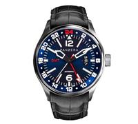 Panzera Flieger 45G Mecánico Automático Acero Negro Azul Cuero Zafiro Fecha Reloj Hombre, Negro , Correa