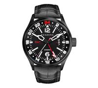 Panzera Flieger 45G Mecánico Automático Acero Negro Cuero Zafiro Fecha Reloj Hombre, Negro , Correa