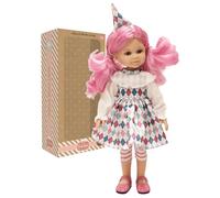 Paola Reina Muñeca Cleo Arlequín - 32 cm - Pelo Rosa con Coletas - Vestido de Rombos Multicolor y Gorro a Juego - Zapatos Mary Jane Rosas Hecha en España