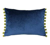 Paoletti Añil Riva Fiesta Rectangular Cojín Lleno De Azul Amarillo Pompom Bordes-Faux Velvet Tela-Discreta Cierre De Cremallera-100 Caso (14" X 20" Pulgadas), Poliéster, Indigo/De Oliva, 35 X 50Cm
