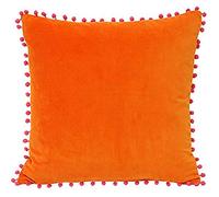 Paoletti Riva Feather Cojín Lleno De Faux Velvet Tela-En Contraste Fuchsia Pink Pompom Bordes Ocultos Cierre De Cremallera-100% Soft (18" X 18" Pulgadas), Cotton, Orange, 45 X 45Cm