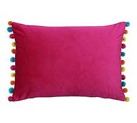 Paoletti Riva Fiesta Cojín Relleno Rectangular Multicolor Pompom Edges-Soft Velvet Fabric-Discreet Zip Closure-100 Case (14" x 20"), Poliéster, Hot Pink/Multi, 35x50cm