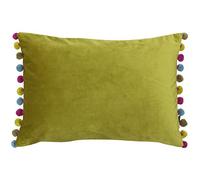 Paoletti Riva Fiesta Rectangular Cojín - Bambú Verde - Multicolor Pompom Bordes - Faux Velvet - Reversible - Cierre De Cremallera - 100% Polyester - 35 X 50Cm (14" X 20" Pulgadas)