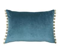 Paoletti Riva Fiesta Rectangular Cojín-Blue Duck Egg-Natural Beige Pompom Bordes-Faux Velvet-Reversible-Cierre De Cremallera-100% Polyester-35 X 50Cm (14" X 20" Pulgadas), poliéster, 50 x 1 x 35 cm