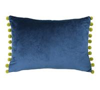 Paoletti Riva Fiesta Rectangular Cojín - Indigo Blue - Olive Yellow Pompom Bordes - Faux Velvet - Reversible - Cierre De Cremallera - 100% Polyester - 35 X 50Cm (14" X 20" Pulgadas)