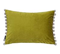 Paoletti Riva Fiesta Rectangular Cojín Lleno De Verde Amarillento Pompom Bordes-Faux Velvet Tela-Discreta Cierre De Cremallera-100 Caso (14" X 20" Pulgadas), Poliéster, Bamboo/Natural, 35 X 50Cm