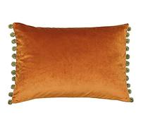 Paoletti Riva Fiesta Rectangular Cojín - Rust Orange - Verde De Color Caqui Pompom Bordes - Faux Velvet - Reversible - Cierre De Cremallera - 100% Polyester - 35 X 50Cm (14" X 20" Pulgadas)