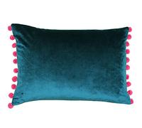 Paoletti Riva Fiesta Rectangular Cojín - Teal Blue - Berry Pink Pompom Bordes - Faux Velvet - Reversible - Cierre De Cremallera - 100% Polyester - 35 X 50Cm (14" X 20" Pulgadas)