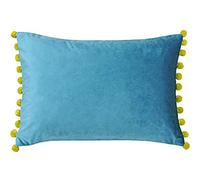 Paoletti Riva Fiesta Rectangular Feather Cojín Lleno De Azul Verde Pompom Bordes-Soft Velvet Tela-Discreta Cierre De Cremallera-100 Caso (14" X 20" Pulgadas), Poliéster, Bamboo, 35 X 50Cm, Teal/bambú