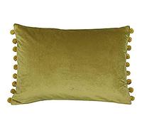 Paoletti Riva Fiesta Rectangular Feather Cojín Lleno De Verde Pompom Bordes-Faux Velvet Tela-Discreta Cierre De Cremallera-100 Caso (14" X 20" Pulgadas), Poliéster, Bambú/Oro, 35 X 50Cm