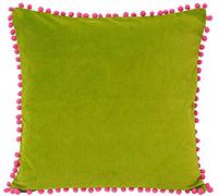 Paoletti Riva Velvet Pompom Cojín - Green - Faux Velvet Tela - En Contraste Fuchsia Pink Pompom Bordes - Hidden Cierre De Cremallera - 100% De Algodón Suave - 45 X 45 Cm (18" X 18" Pulgadas)
