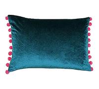 Paoletti Teal/Berry Riva Fiesta Rectangular Feather Cojín Lleno De Azul Rosa Pompom Bordes-Faux Velvet Tela-Discreta Cierre De Cremallera-100 Caso (14" X 20" Pulgadas), Poliéster, 35 X 50Cm