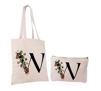 Paolo Chiari Set de Bolso Personalizado Shopper y Neceser de Algodón, Bolso Tote de Tela con Inicial, Idea de Regalo para Amiga, Madre, Compañera de Trabajo, Color Beige Neutro (Letra W)