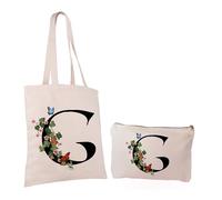 Paolo Chiari Set de Bolso Personalizado Shopper y Neceser de Algodón, Bolso Tote de Tela con Inicial, Idea de Regalo para Amiga, Madre, Compañera de Trabajo, Color Beige Neutro (Letra G)