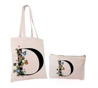 Paolo Chiari Set de Bolso Personalizado Shopper y Neceser de Algodón, Bolso Tote de Tela con Inicial, Idea de Regalo para Amiga, Madre, Compañera de Trabajo, Color Beige Neutro (Letra D)