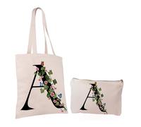 Paolo Chiari Set de Bolso Personalizado Shopper y Neceser de Algodón, Bolso Tote de Tela con Inicial, Idea de Regalo para Amiga, Madre, Compañera de Trabajo, Color Beige Neutro (Letra A)