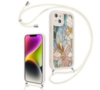 Paovkoi Funda con Cuerda para iPhone 14, Aesthetic Flores Carcasa con Ajustable Cordon Colgar Collar Correa de Cuello Cadena, Protector TPU Bumper Blanco Silicona Case para iPhone 14 6,1'' - 01