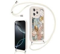Paovkoi Funda con Cuerda para iPhone 16 Pro MAX, Aesthetic Flores Carcasa con Ajustable Cordon Colgar Collar Correa de Cuello Cadena, TPU Bumper Blanco Silicona Case para iPhone 16 Pro MAX 6,9'' - 01