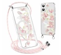 Paovkoi Funda con Cuerda para iPhone 17, Aesthetic Flores Verano Hibisco Transparente Carcasa con Ajustable Cordon Colgar Collar Correa de Cuello Cadena Colgante, Case para iPhone 17 6,3'' - 01