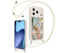 Paovkoi Funda con Cuerda para iPhone 17 Pro MAX, Aesthetic Flores Carcasa con Ajustable Cordon Colgar Collar Correa de Cuello Cadena, TPU Bumper Blanco Silicona Case para iPhone 17 Pro MAX 6,9'' - 01