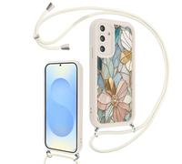 Paovkoi Funda con Cuerda para Samsung Galaxy S26, Aesthetic Flores Carcasa con Ajustable Cordon Colgar Collar Correa de Cuello Cadena, TPU Bumper Blanco Silicona Case para Samsung S26 6,3'' - 01