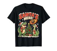 Papá Noel está aquí Dinosaurio árbol de Navidad y meteoritos diversión navideña Camiseta