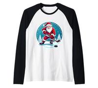 Papá Noel Jugar Hockey sobre Hielo Feliz Navidad Amante Divertido Camiseta Manga Raglan